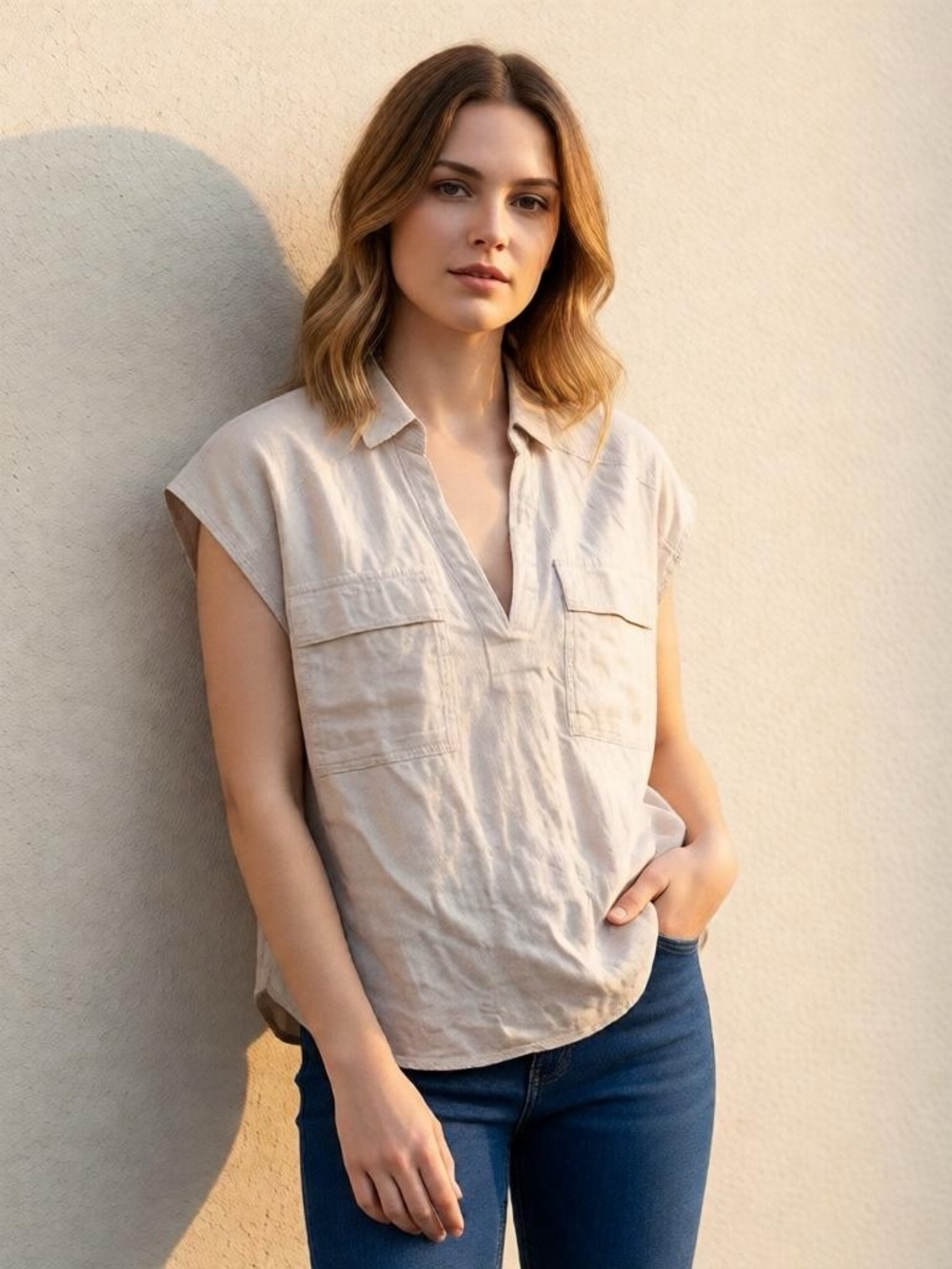 55% Linen Old Navy Beige Short-Sleeve Pocket V-Neck Shirt | Medium